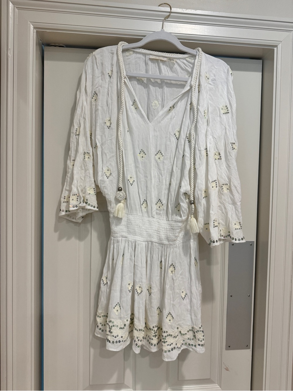 Ramy Brook White Embroidered V‑Neck Mini Dress with Tassel Tie